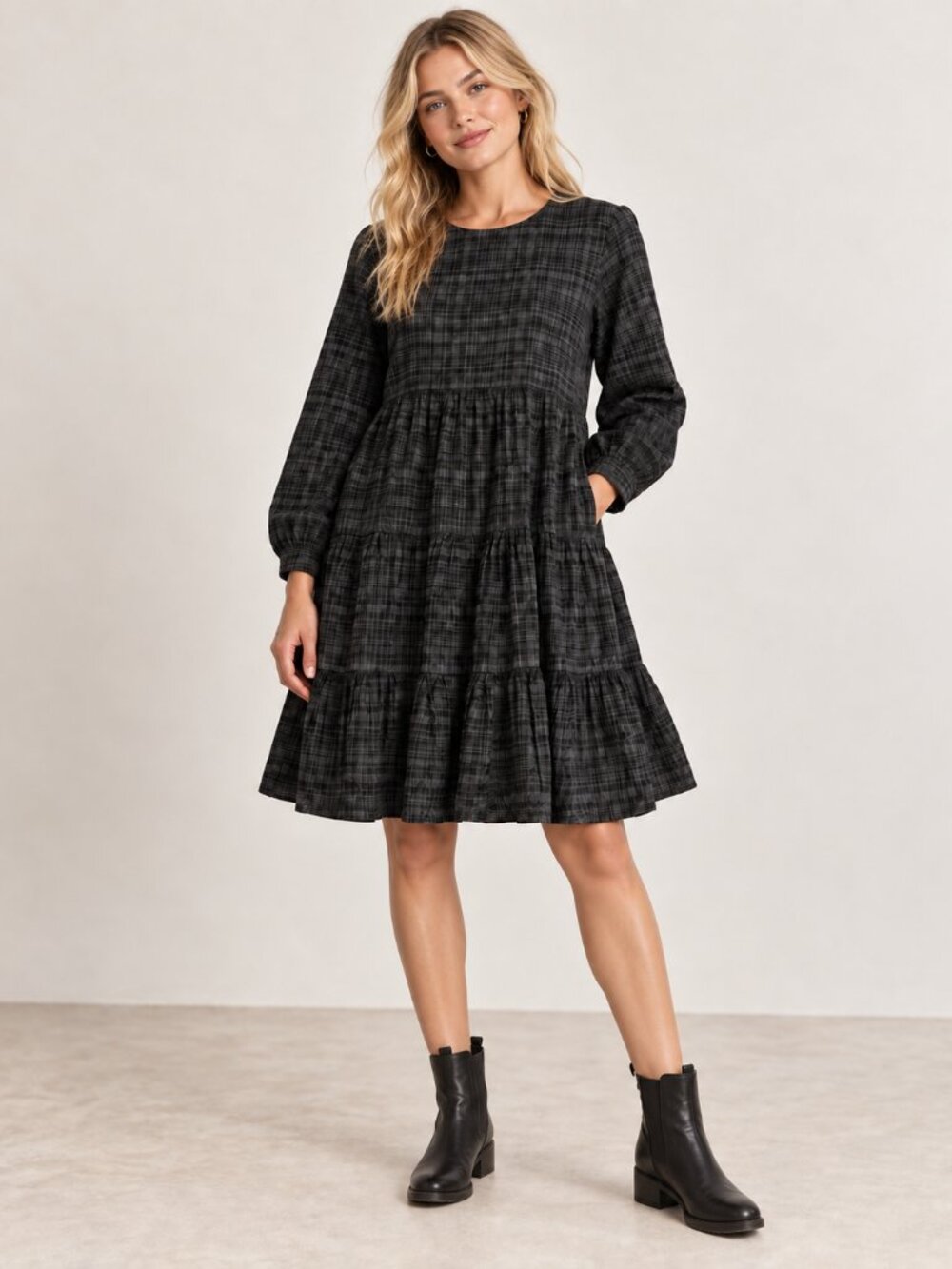 ZARA, Midi Smock Dress, Plaid, Tiered, Long Sleeve Babydoll, US Medium